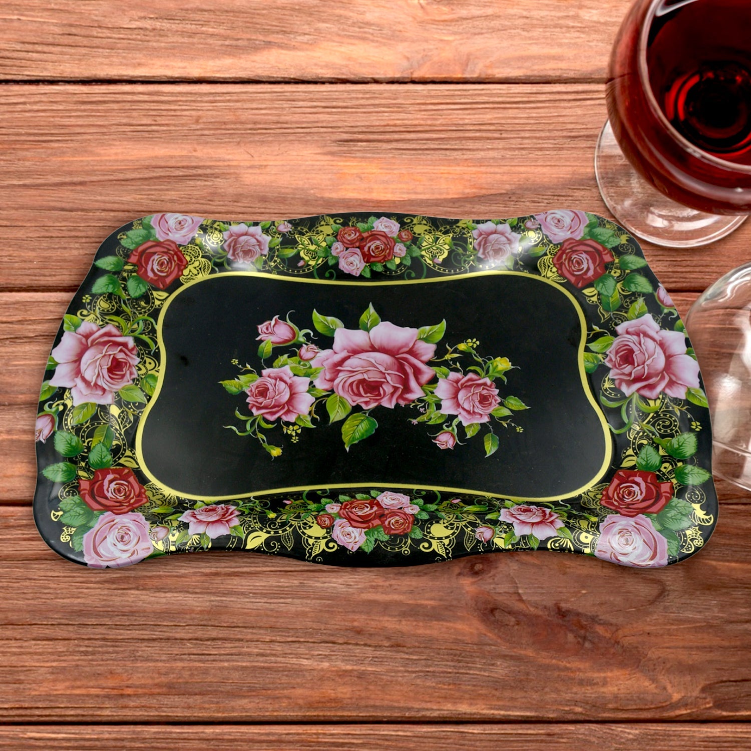 5537 Stainless Steel Serving Tray With Flower Printed Rectangle Premium Dining Table Plate (18 x 8.5 Inch / 1 Pc) 5537 Stainless Steel Serving Tray With Flower Printed Rectangle Premium Dining Table Plate (18 x 8.5 Inch / 1 Pc)
